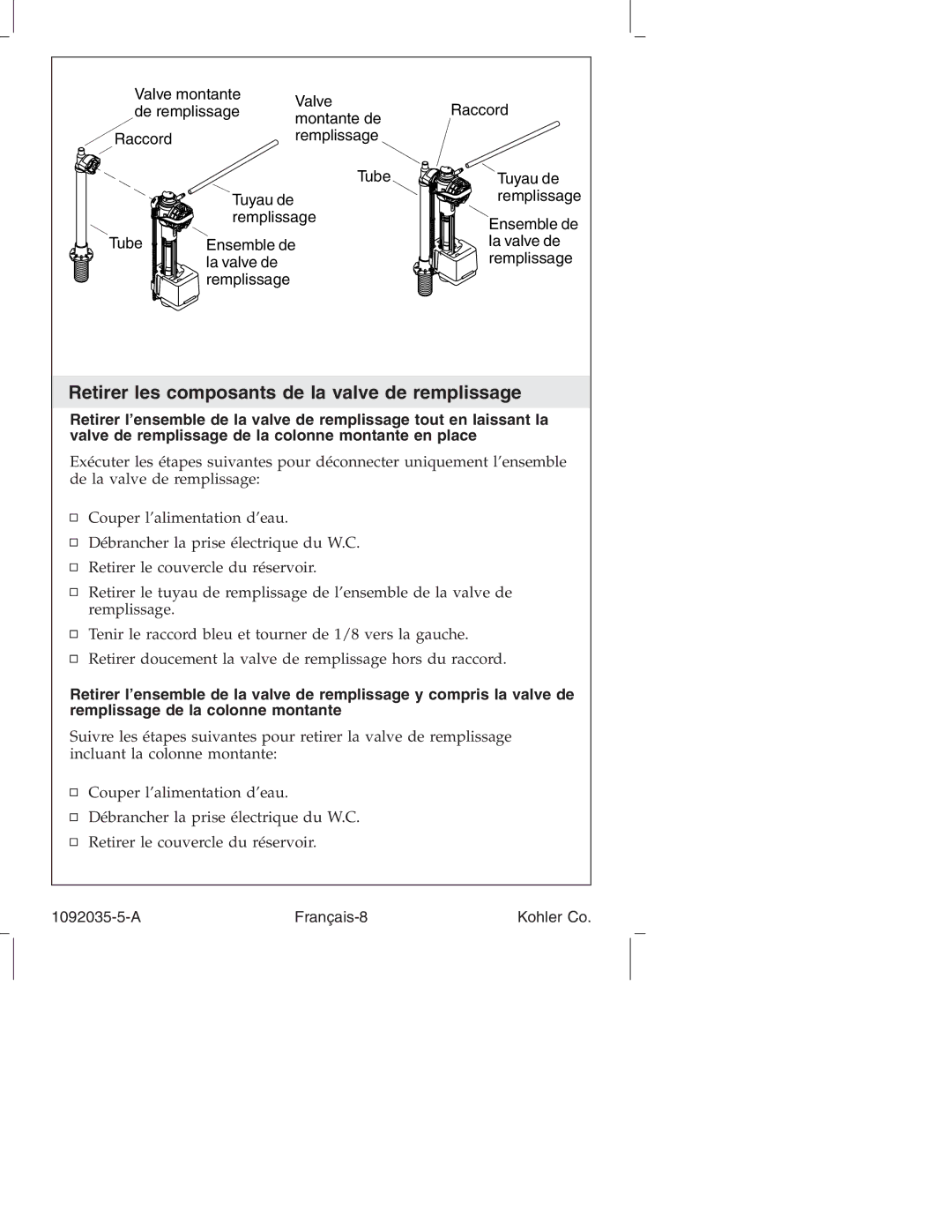 Kohler K-3607 manual Retirer les composants de la valve de remplissage, A Français-8 Kohler Co 