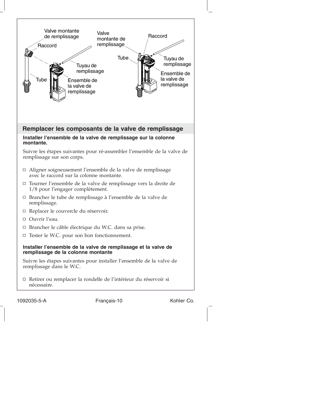 Kohler K-3607 manual Remplacer les composants de la valve de remplissage, A Français-10 Kohler Co 