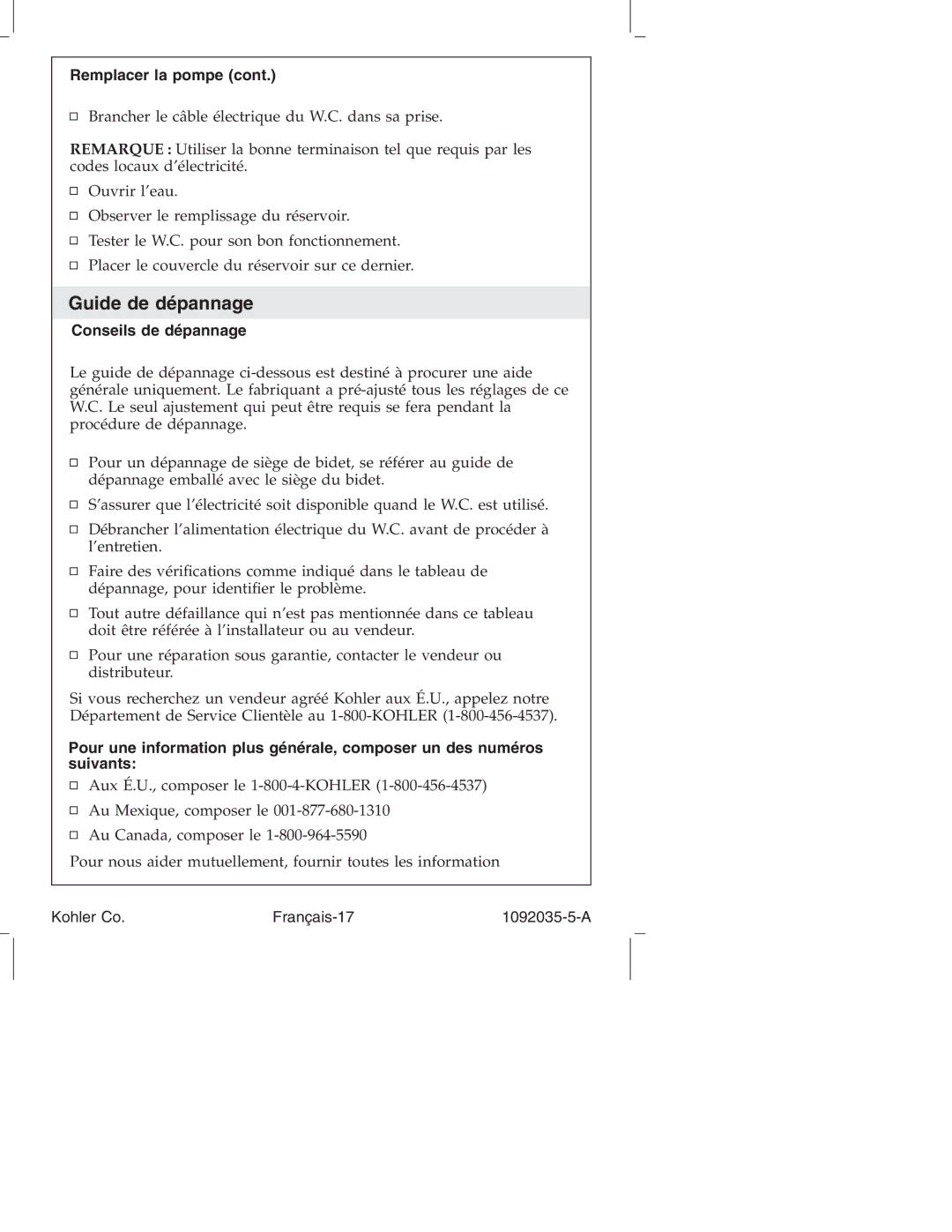 Kohler K-3607 manual Guide de dépannage, Conseils de dépannage, Kohler Co Français-17 1092035-5-A 