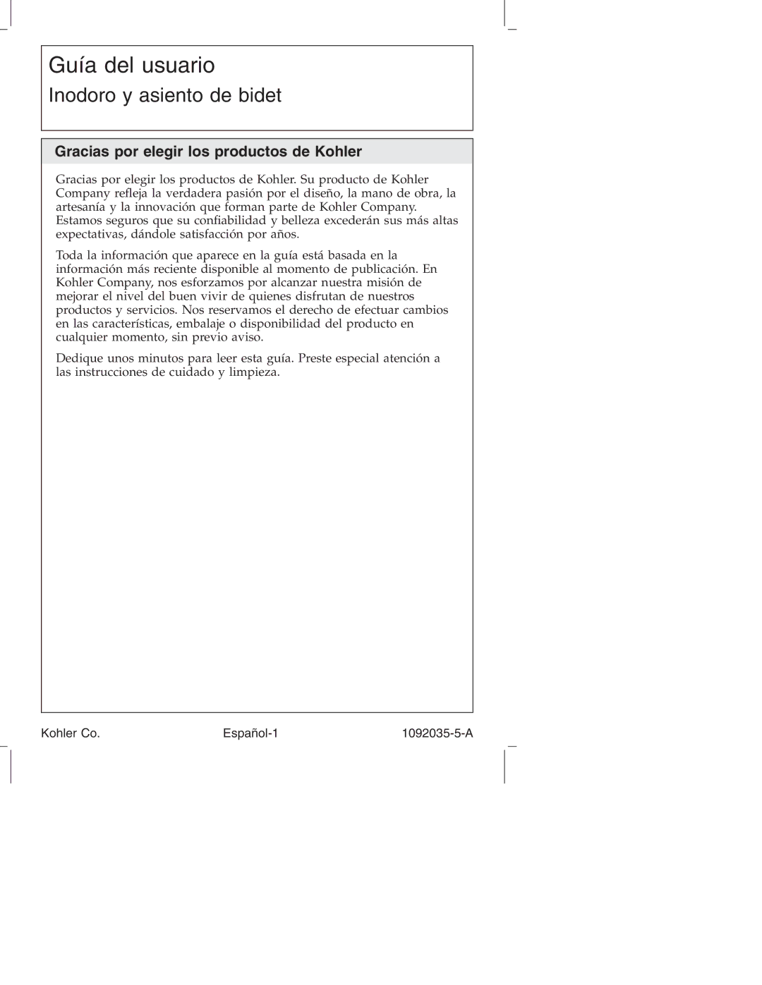 Kohler K-3607 manual Gracias por elegir los productos de Kohler, Kohler Co Español-1 1092035-5-A 