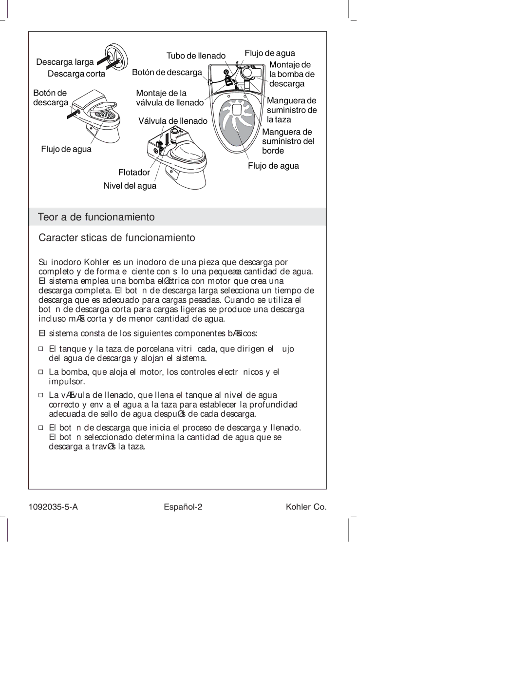 Kohler K-3607 manual Teoría de funcionamiento Características de funcionamiento, A Español-2 Kohler Co 