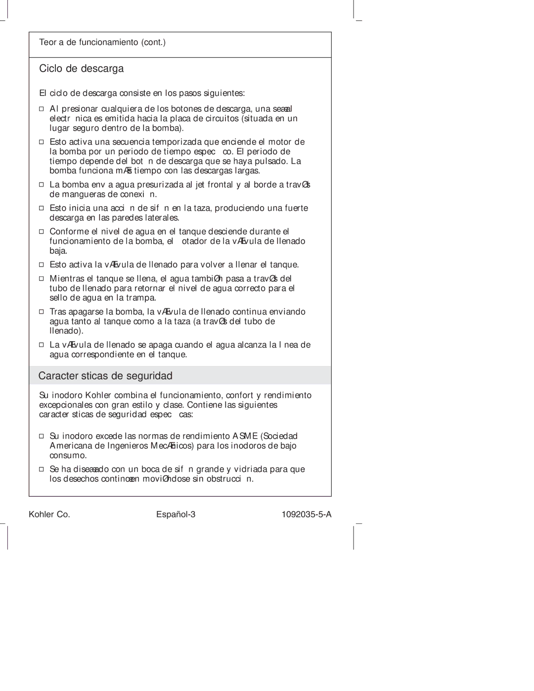 Kohler K-3607 Ciclo de descarga, Características de seguridad, Teoría de funcionamiento, Kohler Co Español-3 1092035-5-A 