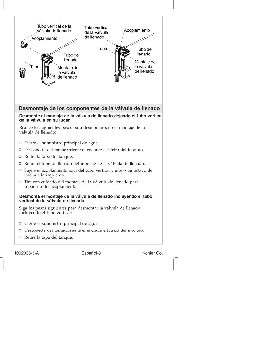 Kohler K-3607 manual Desmontaje de los componentes de la válvula de llenado, A Español-8 Kohler Co 