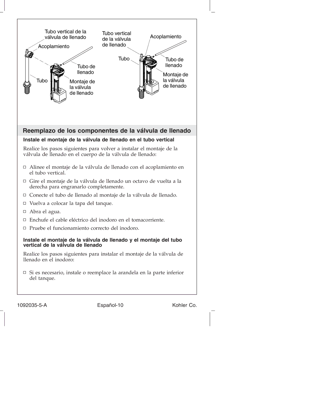 Kohler K-3607 manual Reemplazo de los componentes de la válvula de llenado, A Español-10 Kohler Co 