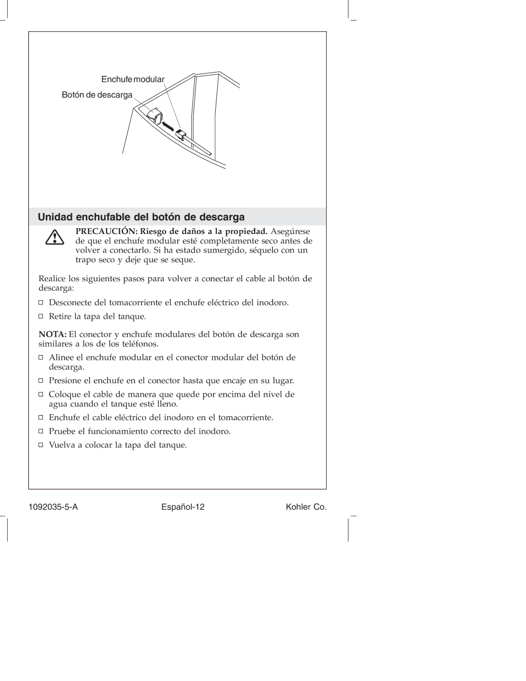 Kohler K-3607 manual Unidad enchufable del botón de descarga, Enchufe modular Botón de descarga, A Español-12 Kohler Co 