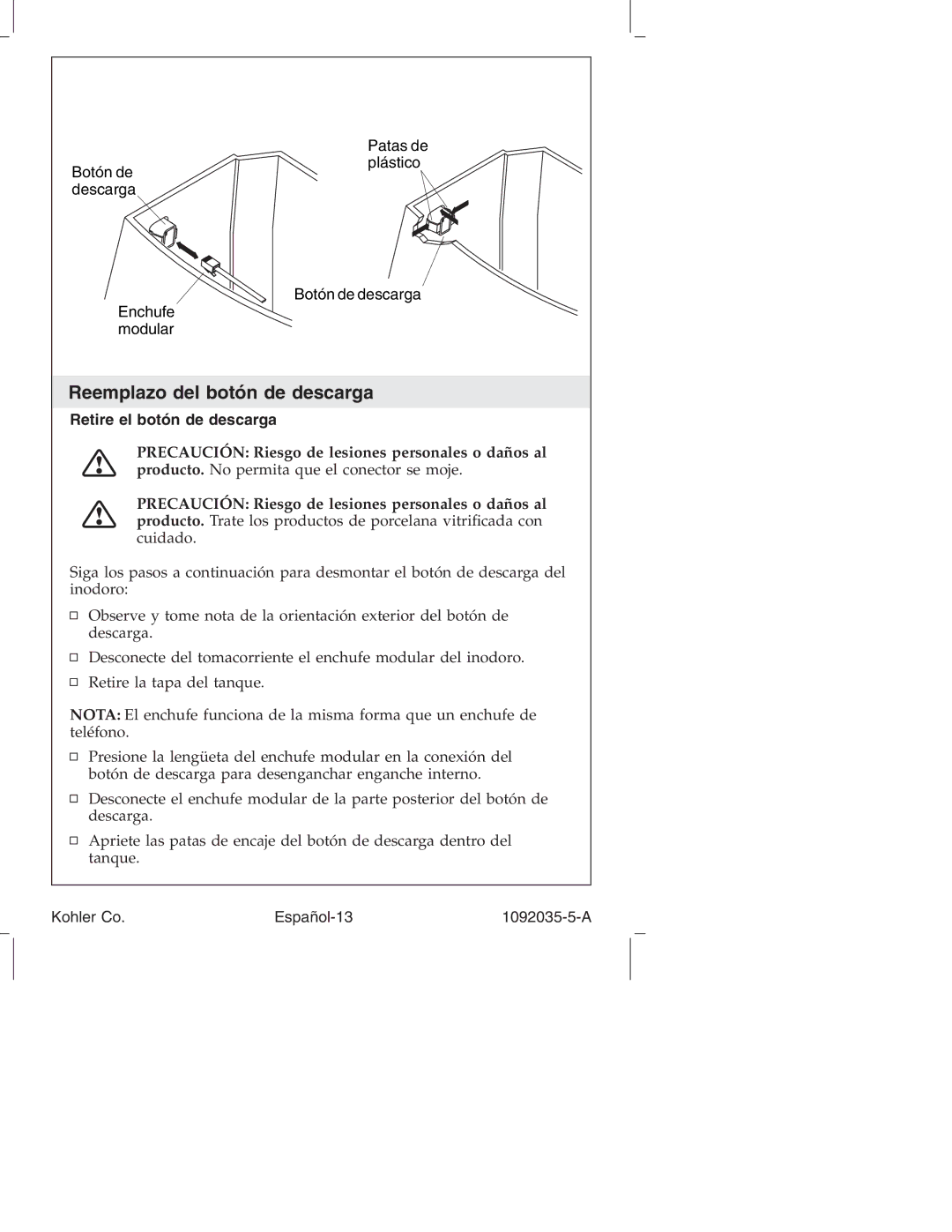 Kohler K-3607 manual Reemplazo del botón de descarga, Retire el botón de descarga, Kohler Co Español-13 1092035-5-A 