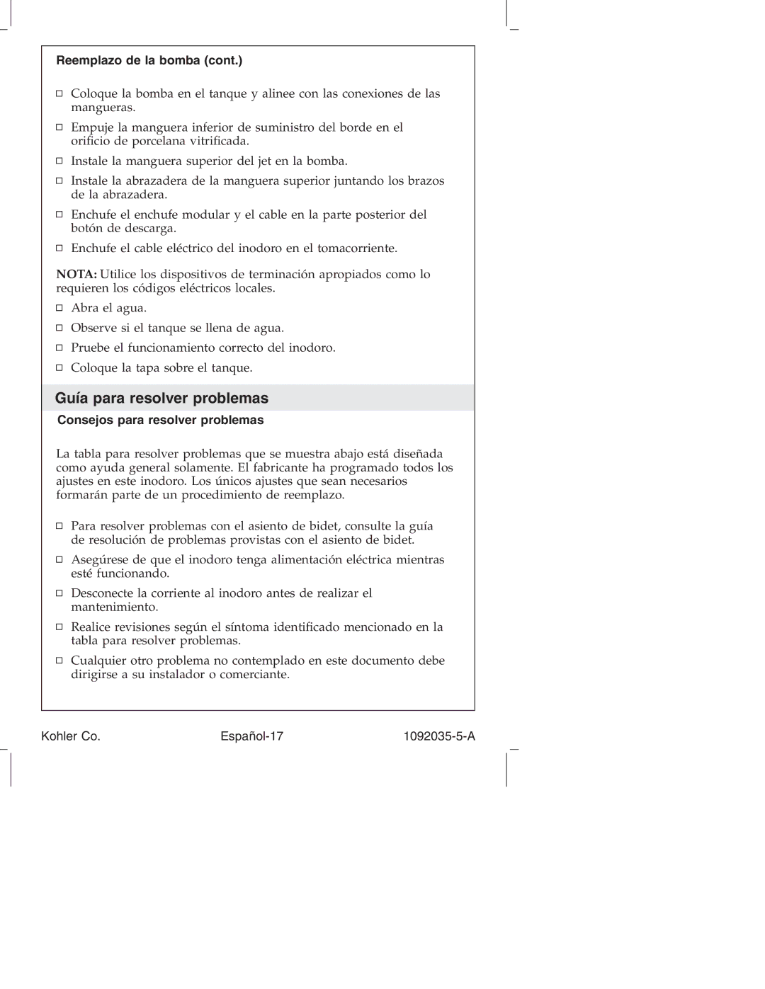 Kohler K-3607 manual Guía para resolver problemas, Consejos para resolver problemas, Kohler Co Español-17 1092035-5-A 