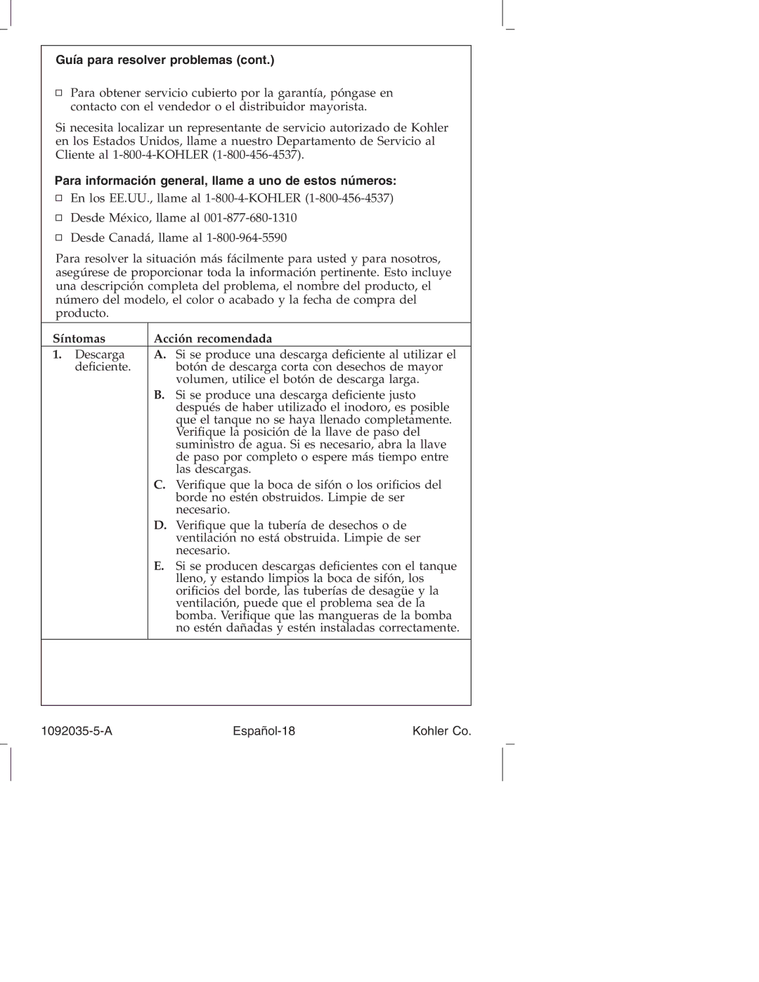 Kohler K-3607 Guía para resolver problemas, Para información general, llame a uno de estos números, A Español-18 Kohler Co 
