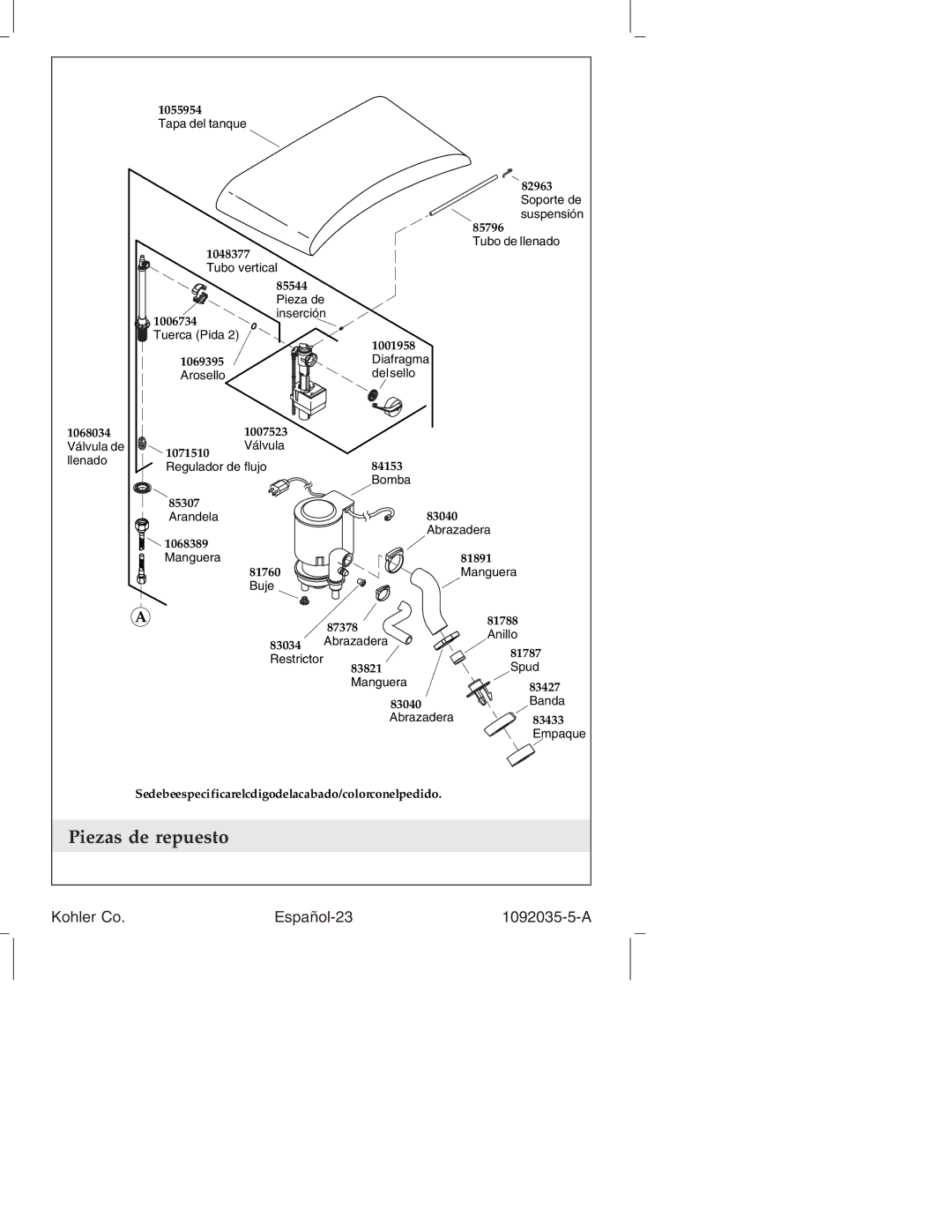 Kohler K-3607 manual Piezas de repuesto, Kohler Co Español-23 1092035-5-A 