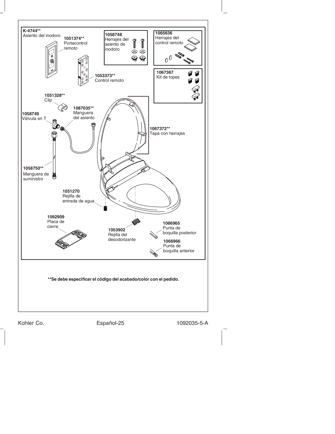 Kohler K-3607 manual Kohler Co Español-25 1092035-5-A 