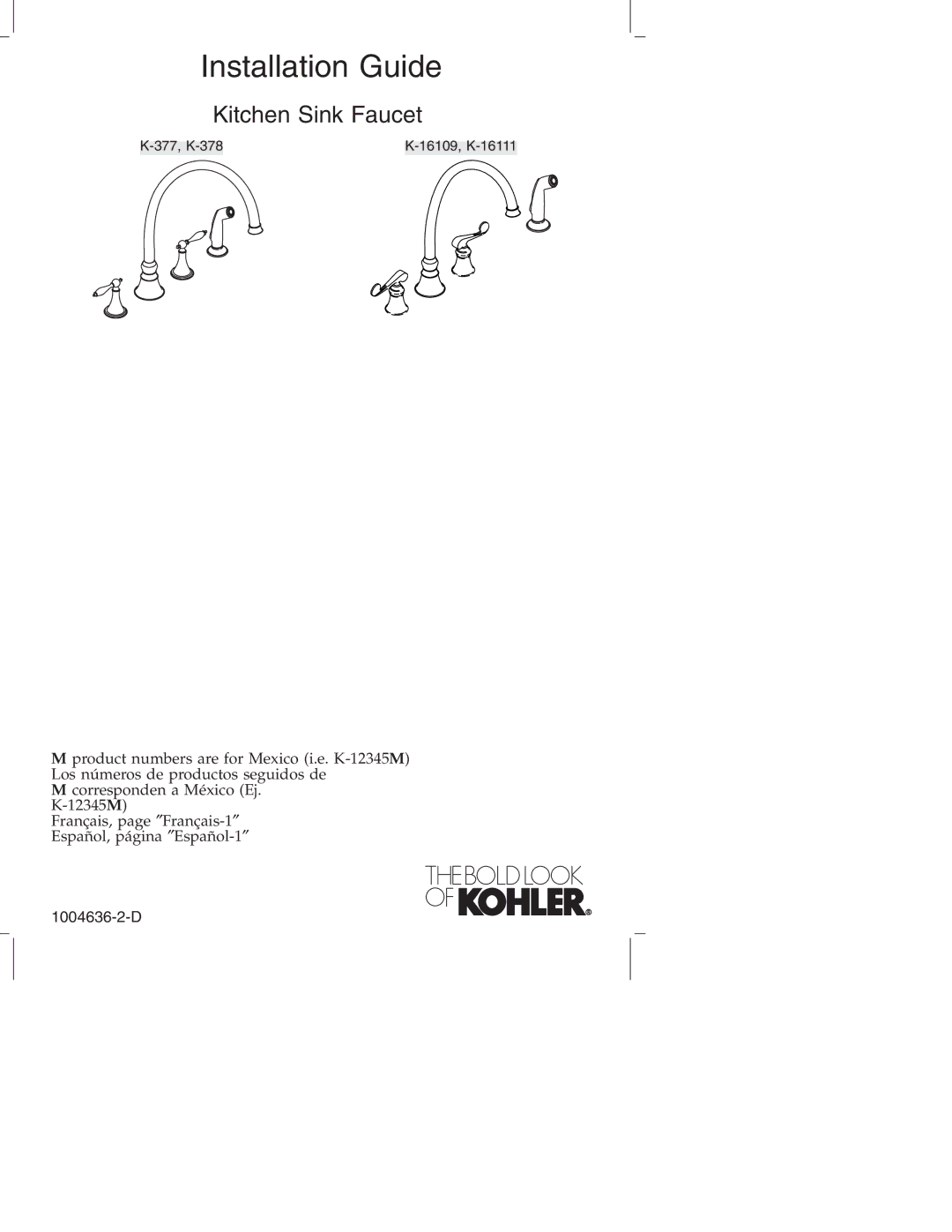 Kohler K-378, K-377, K-16109, K-16111 manual Installation Guide 