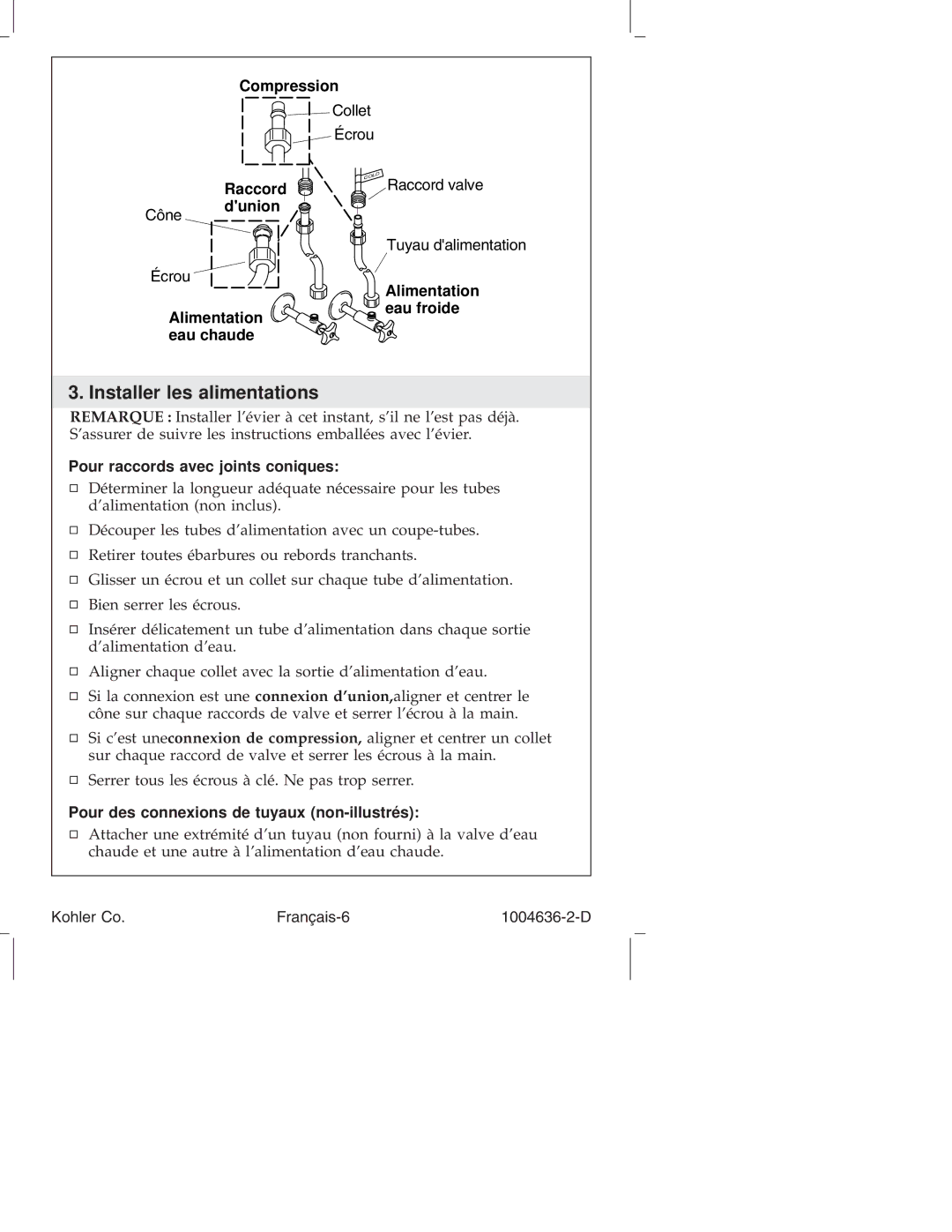 Kohler K-378 Installer les alimentations, Pour raccords avec joints coniques, Pour des connexions de tuyaux non-illustrés 