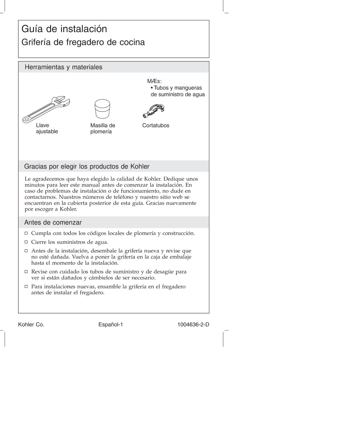 Kohler K-377, K-378, K-16109 Herramientas y materiales, Gracias por elegir los productos de Kohler, Antes de comenzar, Más 