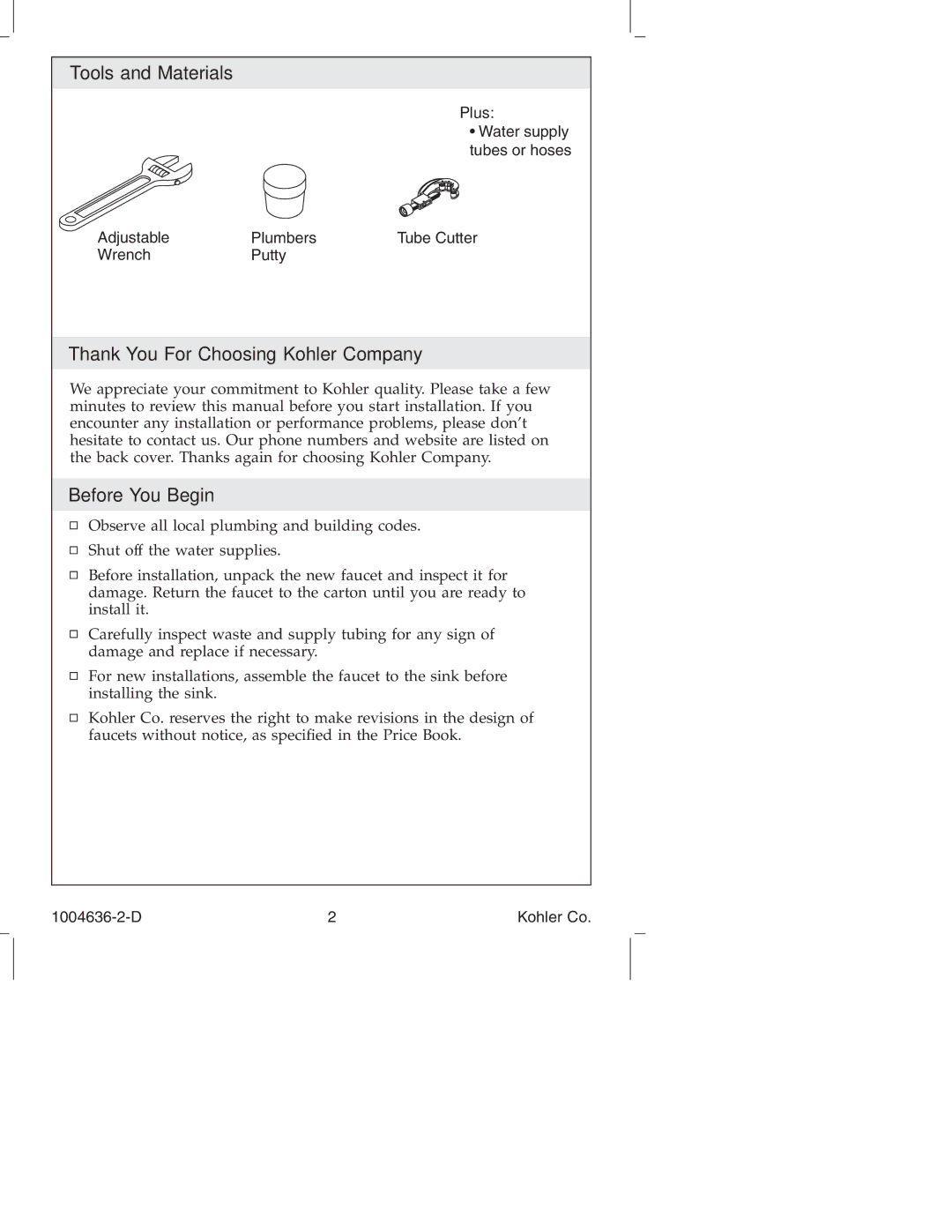 Kohler K-16109, K-377, K-378, K-16111 Tools and Materials, Thank You For Choosing Kohler Company, Before You Begin, Plus 