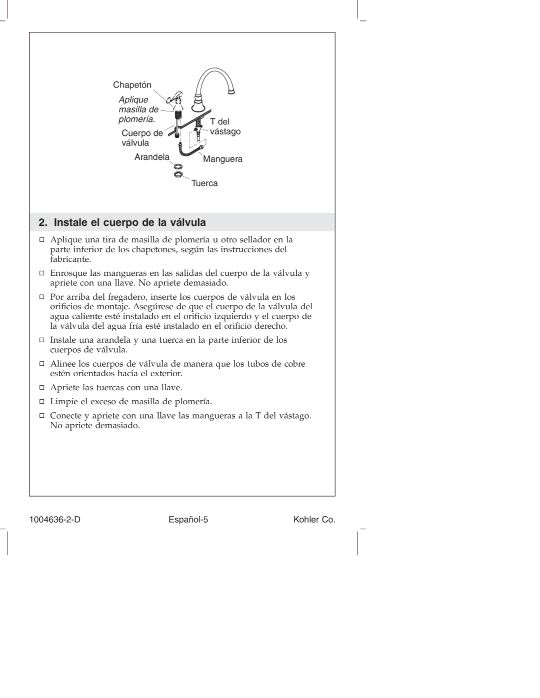Kohler K-377, K-378, K-16109, K-16111 manual Instale el cuerpo de la válvula 
