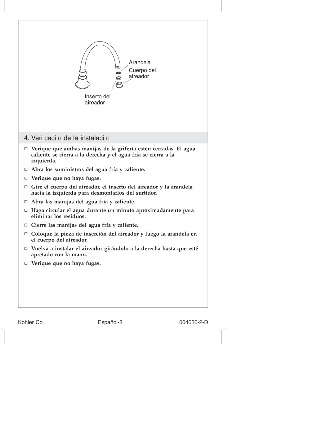 Kohler K-16111, K-377, K-378, K-16109 manual Veriﬁcación de la instalación 
