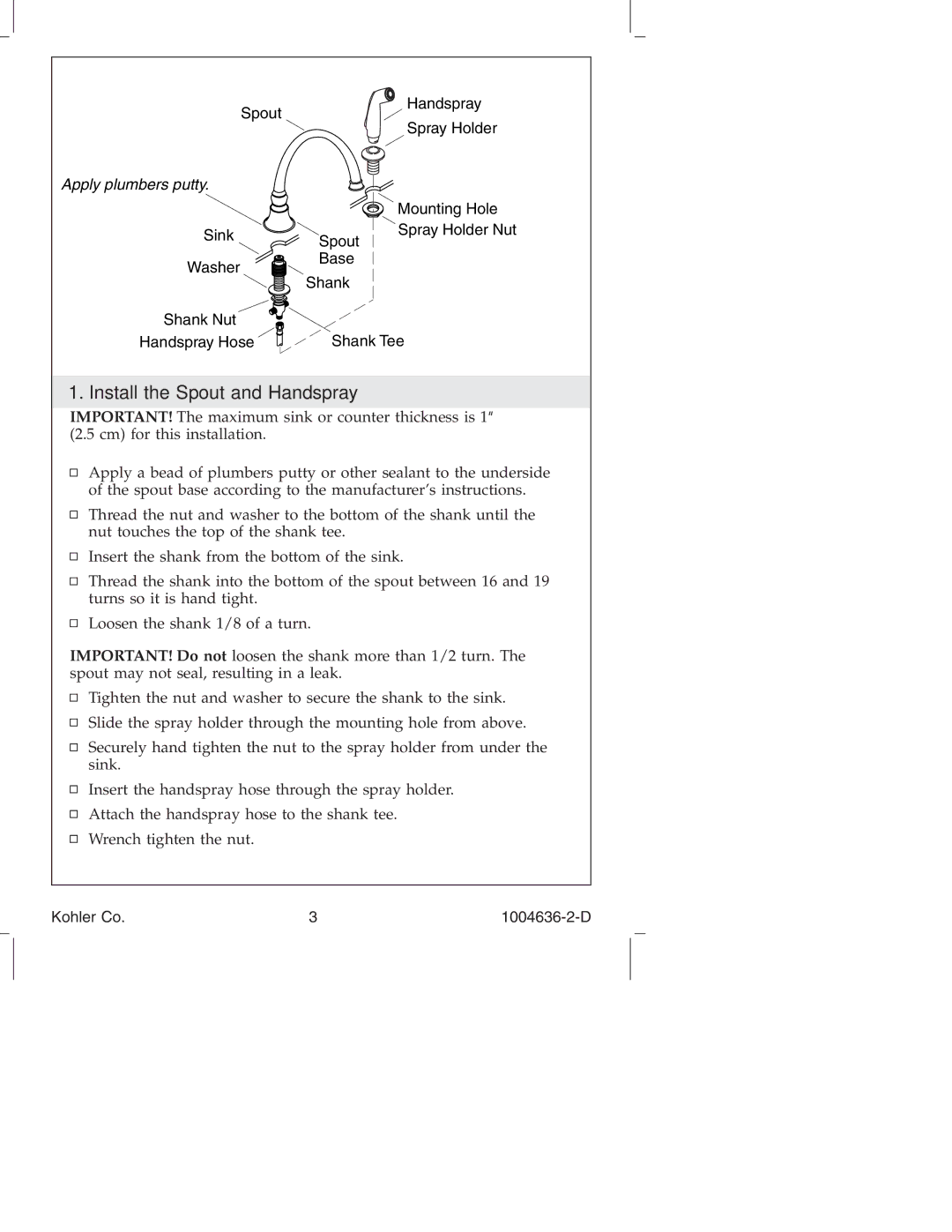 Kohler K-16111, K-377, K-378, K-16109 manual Install the Spout and Handspray, Apply plumbers putty 
