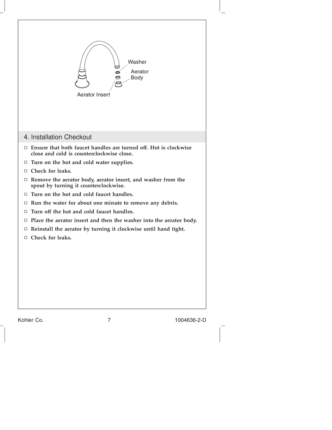 Kohler K-16111, K-377, K-378, K-16109 manual Installation Checkout 