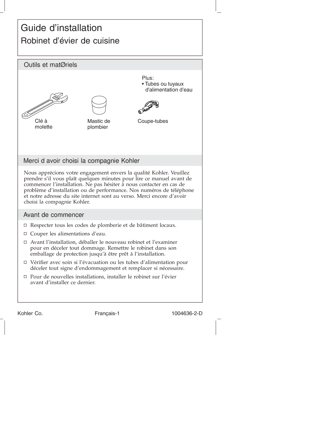 Kohler K-377, K-378, K-16109, K-16111 manual Outils et matériels, Merci d’avoir choisi la compagnie Kohler, Avant de commencer 