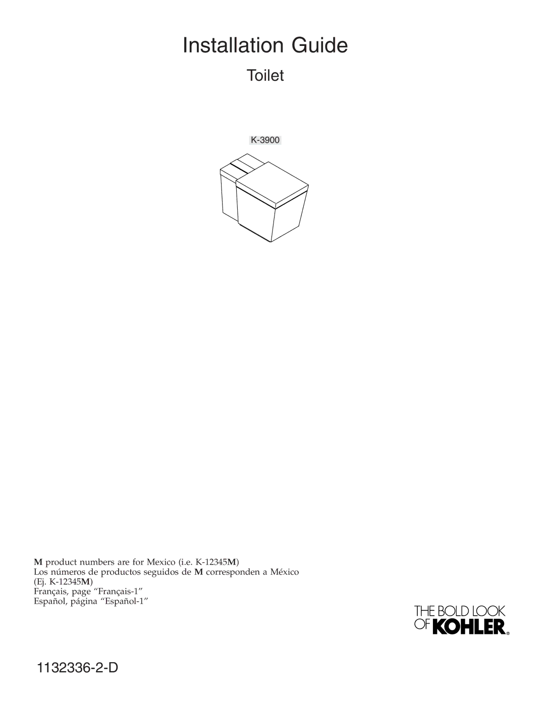 Kohler K-3900 manual Installation Guide 