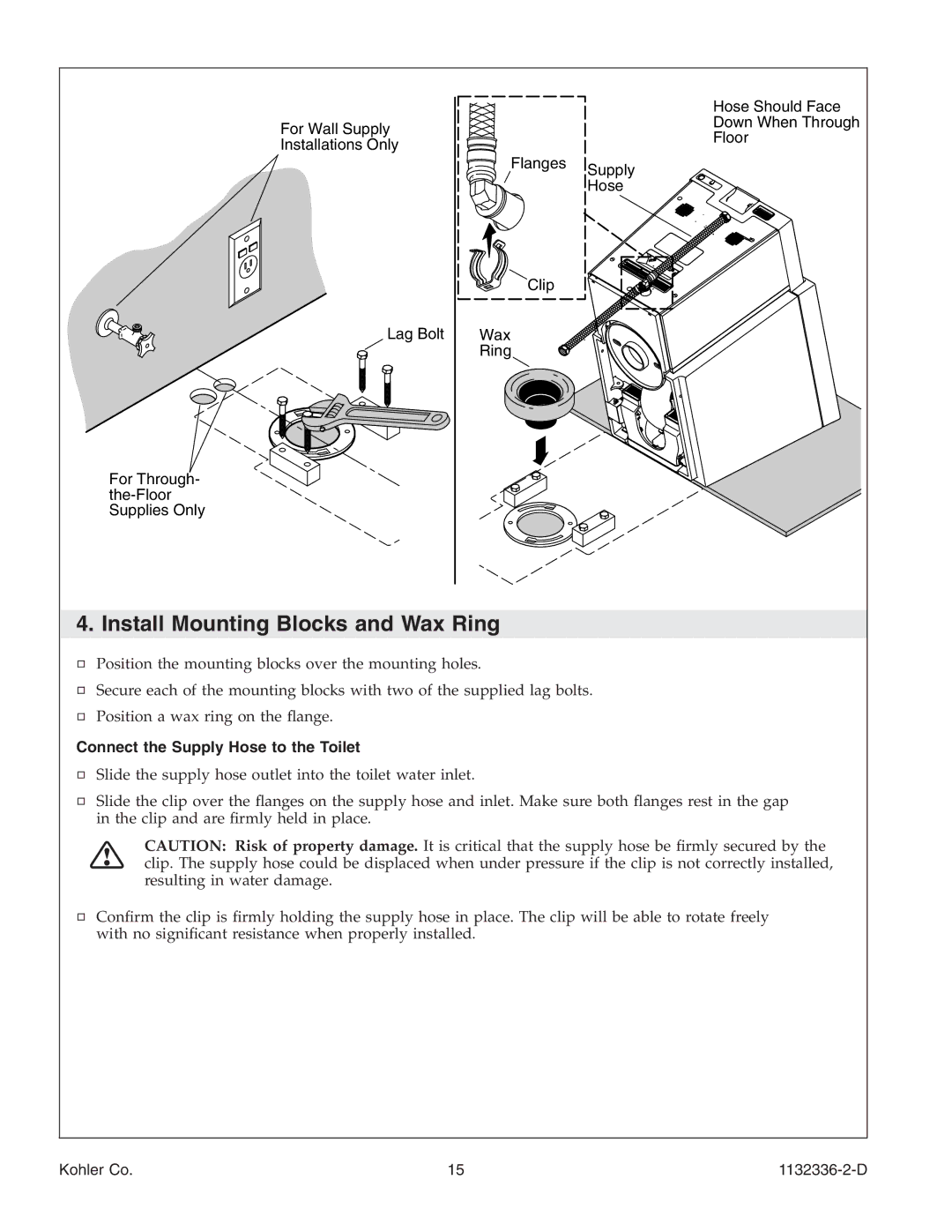 Kohler K-3900 manual Install Mounting Blocks and Wax Ring, Connect the Supply Hose to the Toilet 