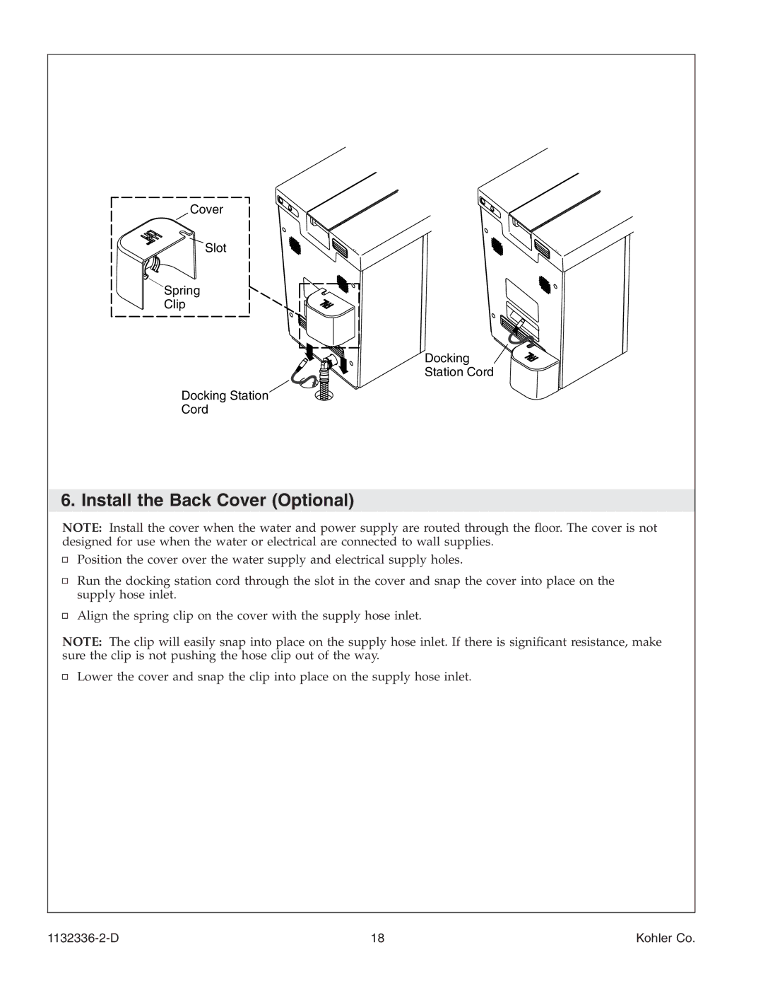 Kohler K-3900 manual Install the Back Cover Optional 