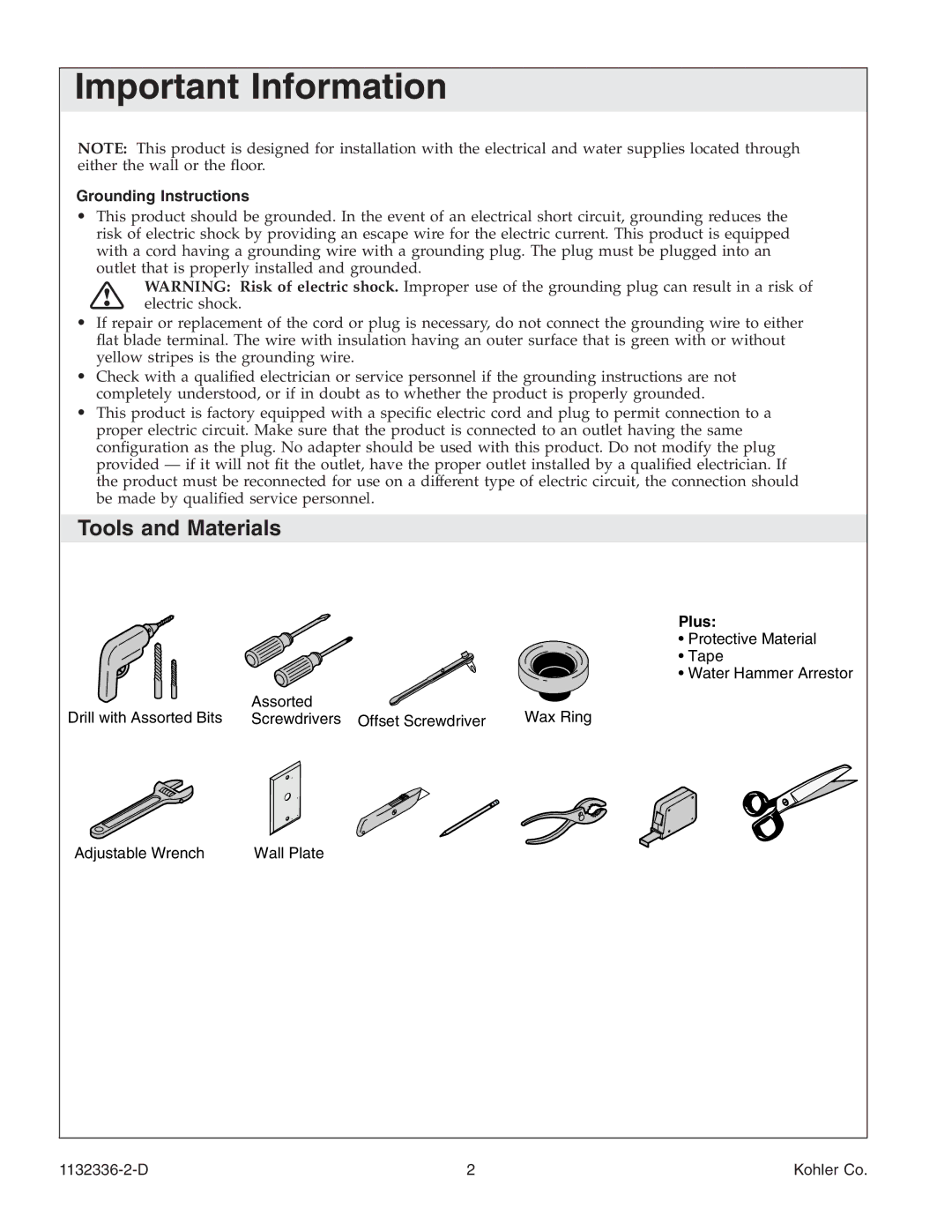 Kohler K-3900 manual Tools and Materials, Grounding Instructions 