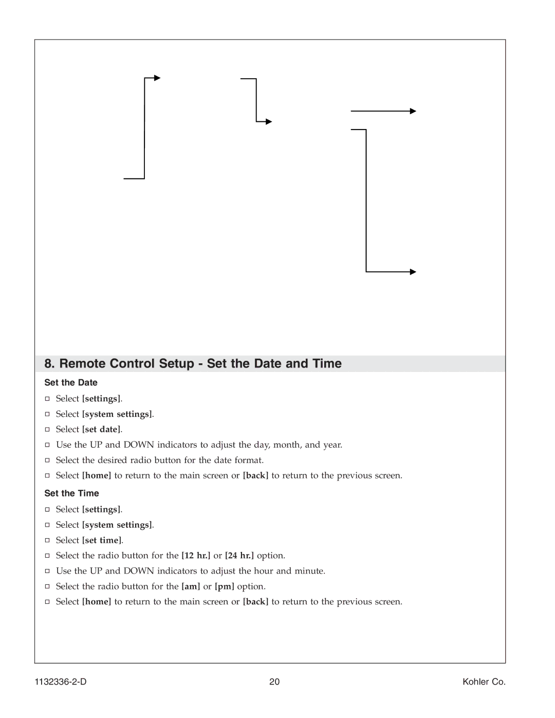 Kohler K-3900 manual Remote Control Setup Set the Date and Time, Set the Time 