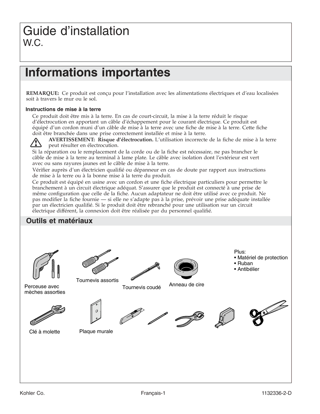 Kohler K-3900 manual Outils et matériaux, Instructions de mise à la terre 