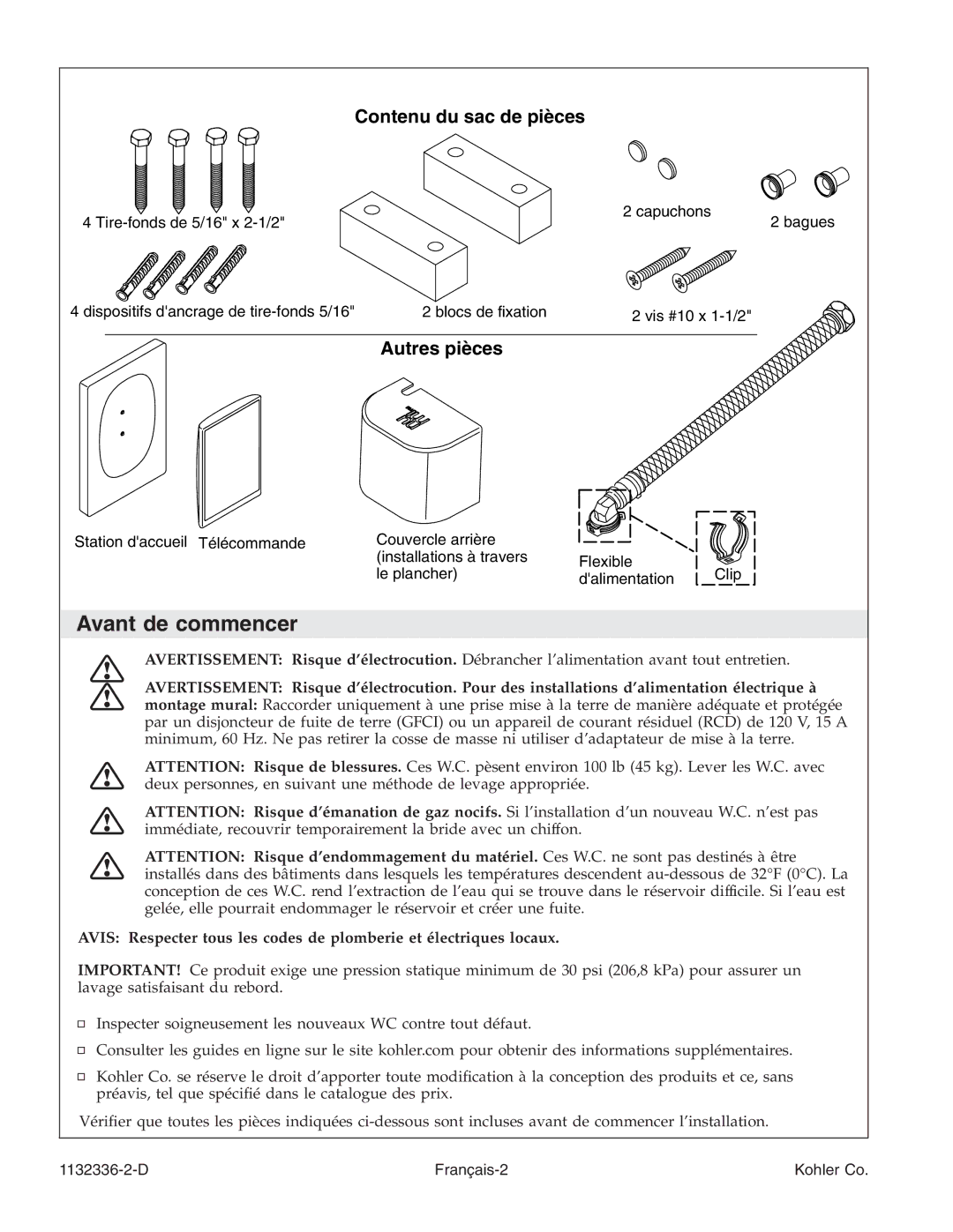 Kohler K-3900 manual Avant de commencer, Contenu du sac de pièces 