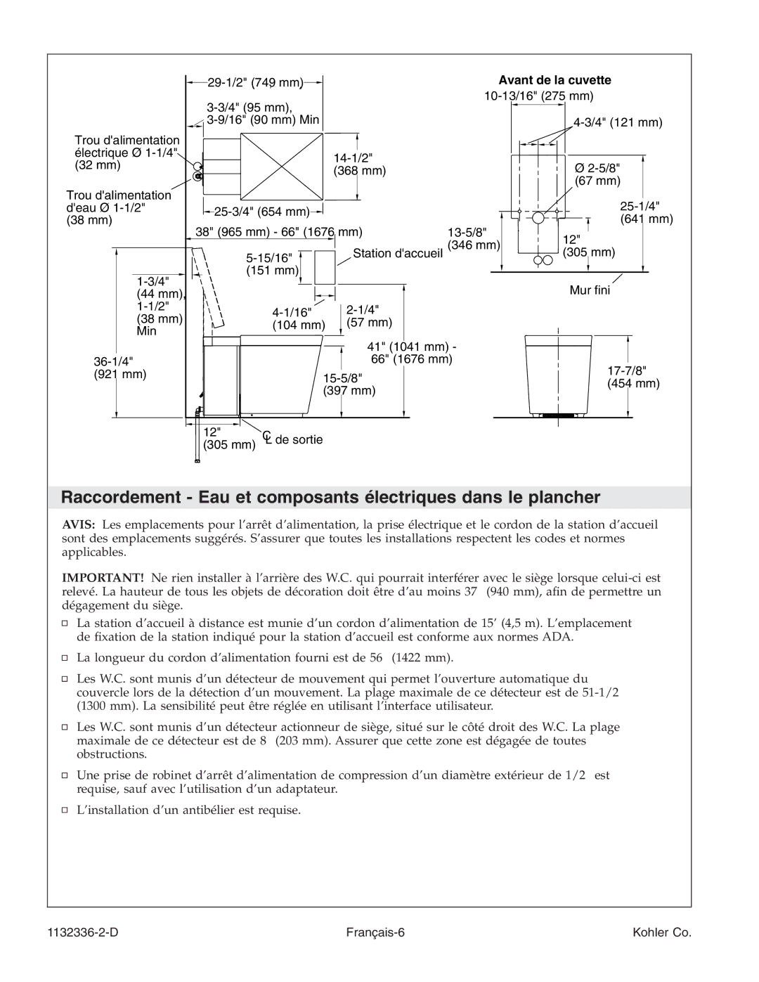 Kohler K-3900 manual Raccordement Eau et composants électriques dans le plancher 