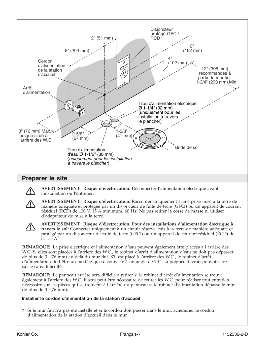 Kohler K-3900 manual Préparer le site, Installer le cordon d’alimentation de la station d’accueil 