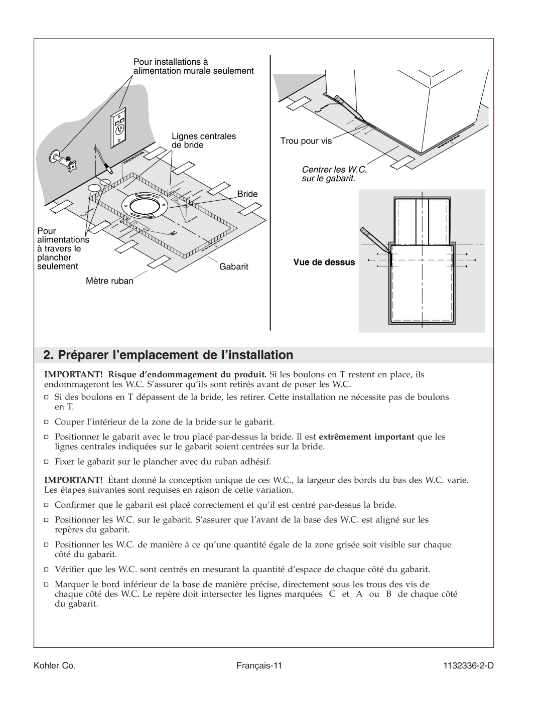 Kohler K-3900 manual Préparer l’emplacement de l’installation 