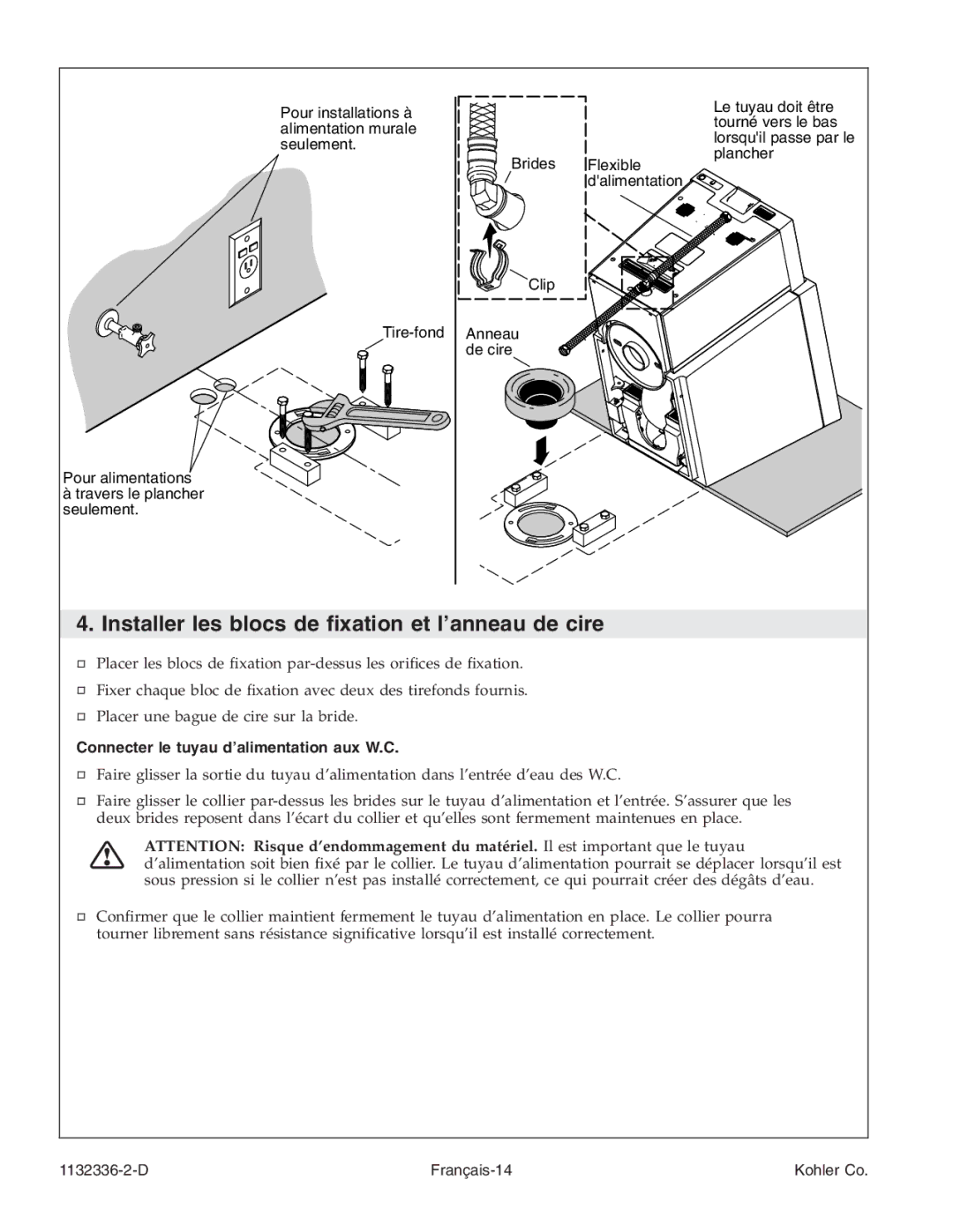 Kohler K-3900 manual Installer les blocs de ﬁxation et l’anneau de cire, Connecter le tuyau d’alimentation aux W.C 