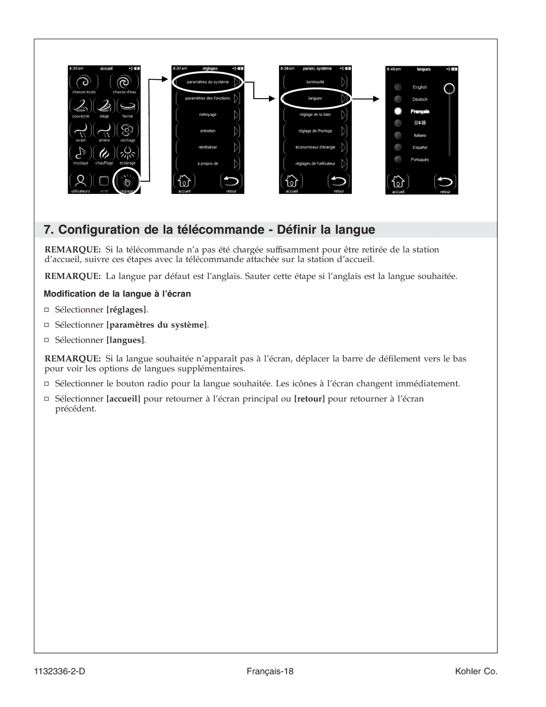 Kohler K-3900 manual Conﬁguration de la télécommande Déﬁnir la langue, Modiﬁcation de la langue à l’écran 