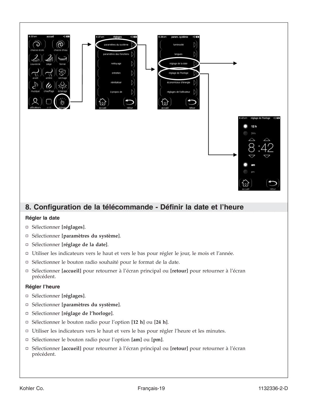 Kohler K-3900 manual Conﬁguration de la télécommande Déﬁnir la date et l’heure, Régler la date, Régler l’heure 