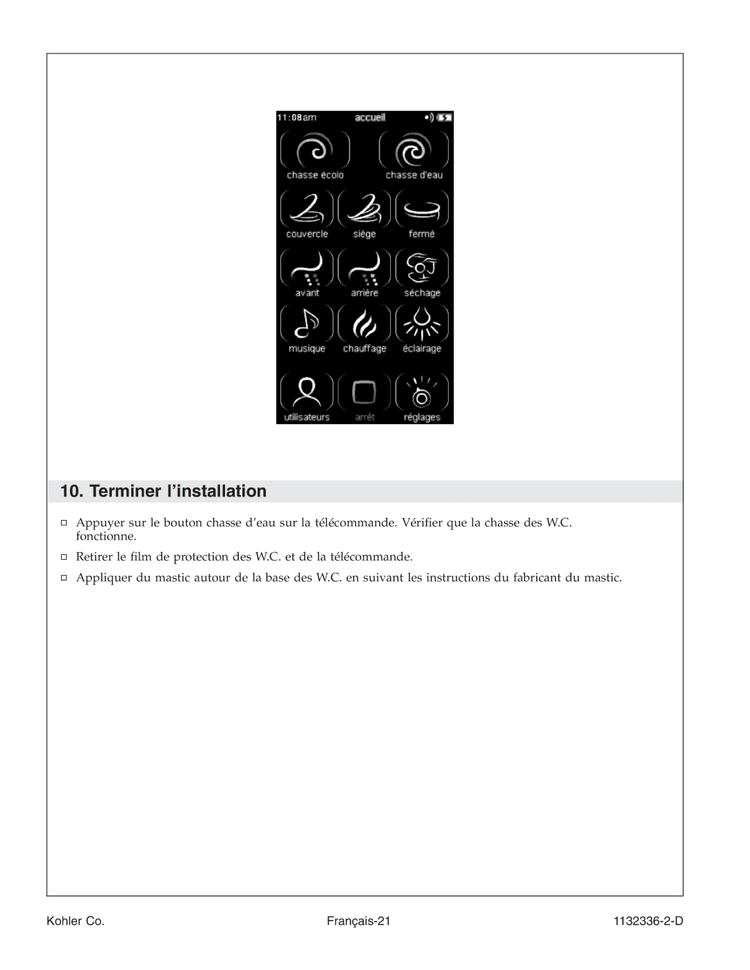 Kohler K-3900 manual Terminer l’installation 