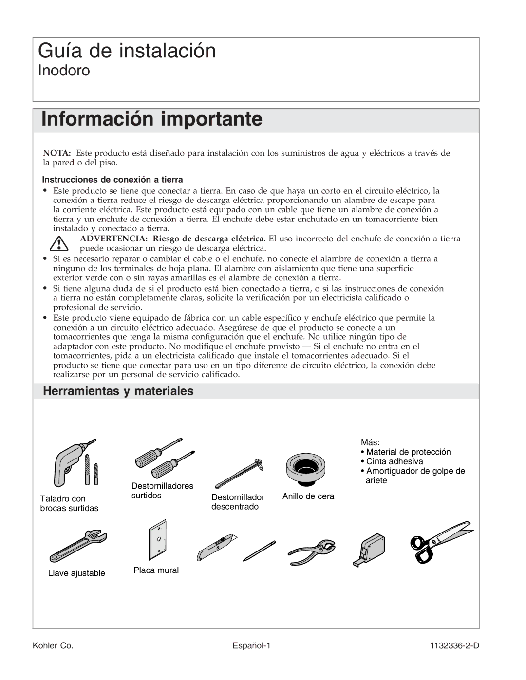 Kohler K-3900 manual Herramientas y materiales, Instrucciones de conexión a tierra 