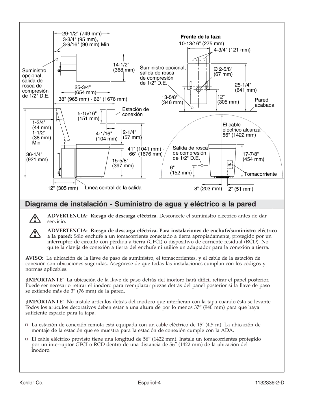 Kohler K-3900 manual Frente de la taza 