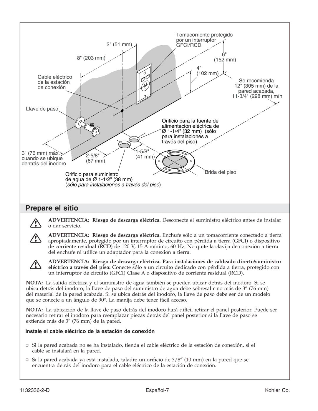 Kohler K-3900 manual Prepare el sitio, Instale el cable eléctrico de la estación de conexión 