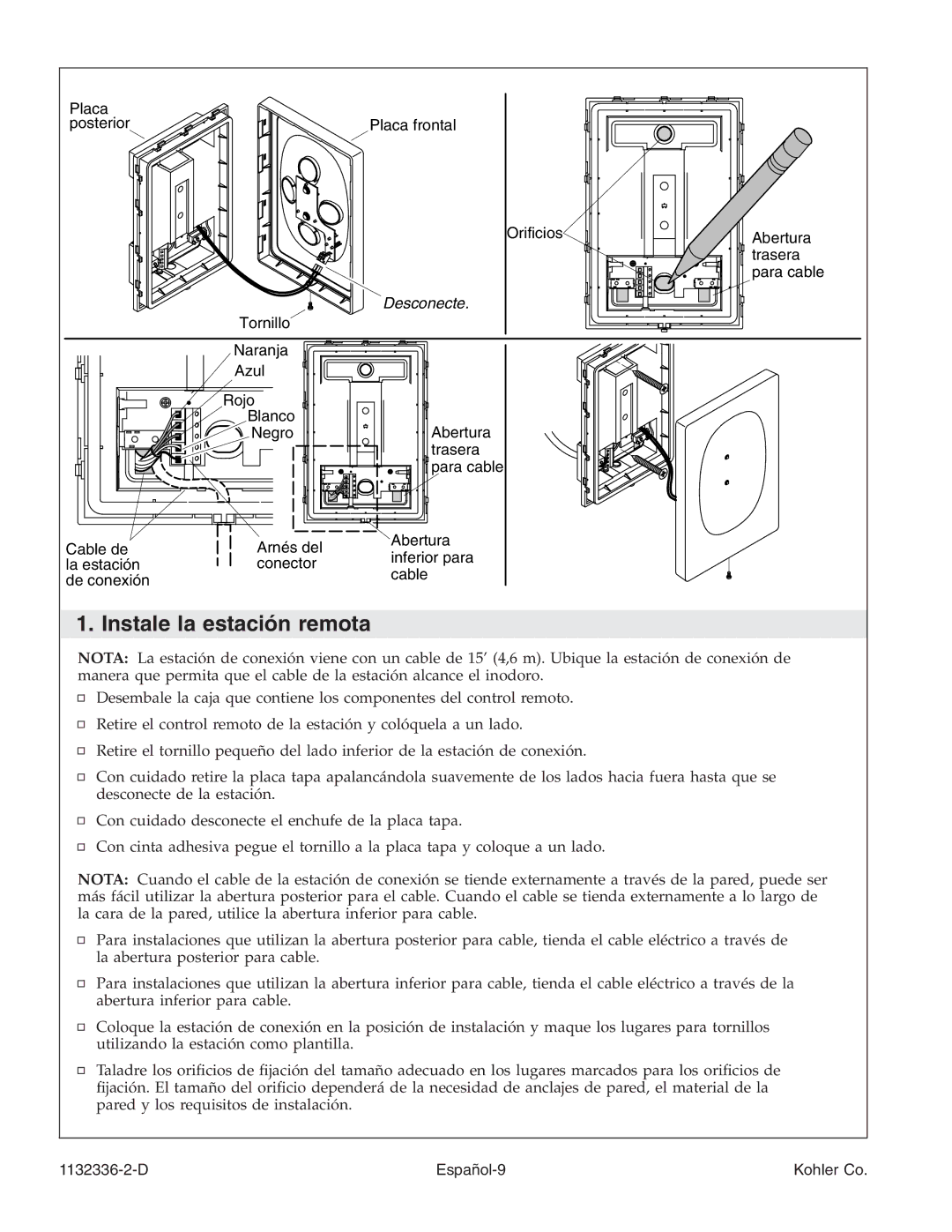 Kohler K-3900 manual Instale la estación remota, Desconecte 