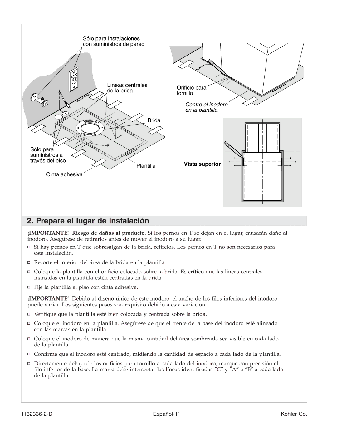 Kohler K-3900 manual Prepare el lugar de instalación 