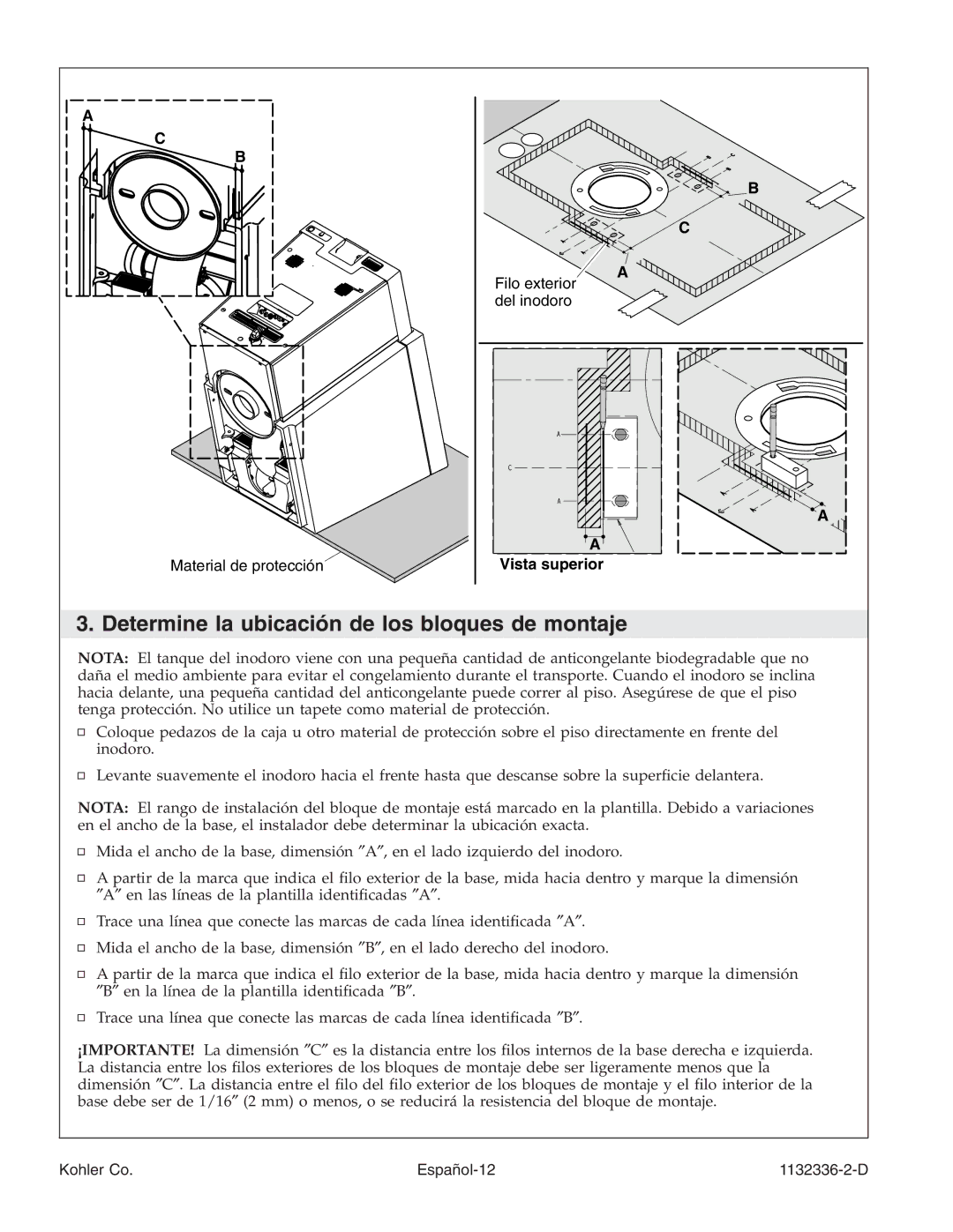 Kohler K-3900 manual Determine la ubicación de los bloques de montaje 