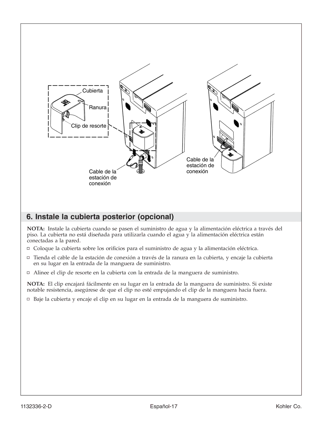 Kohler K-3900 manual Instale la cubierta posterior opcional 