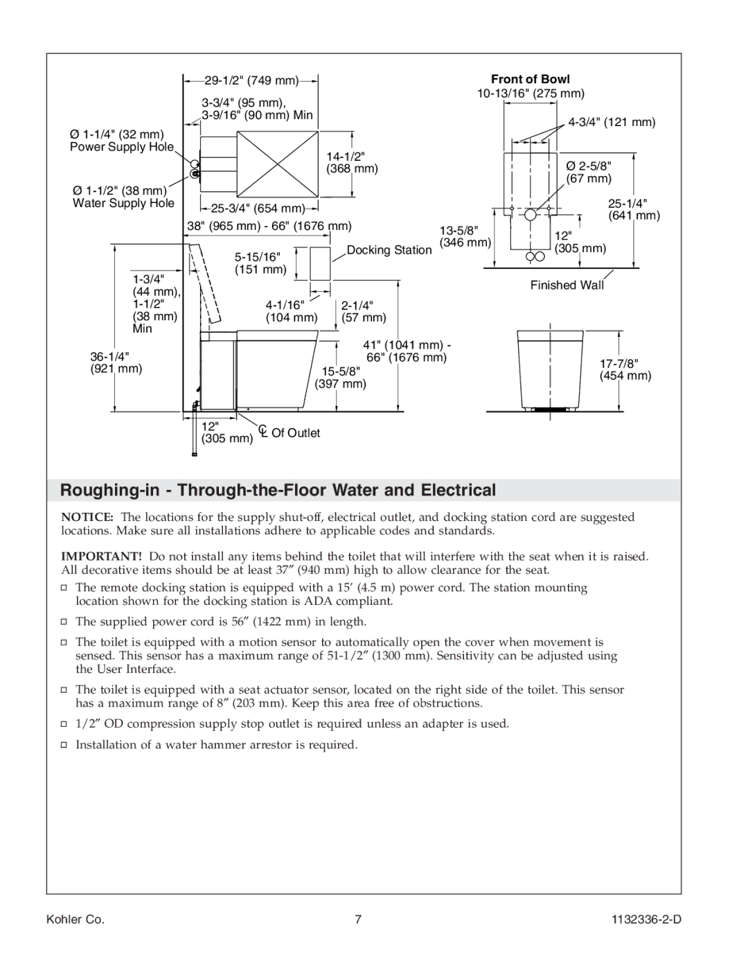 Kohler K-3900 manual Roughing-in Through-the-Floor Water and Electrical 