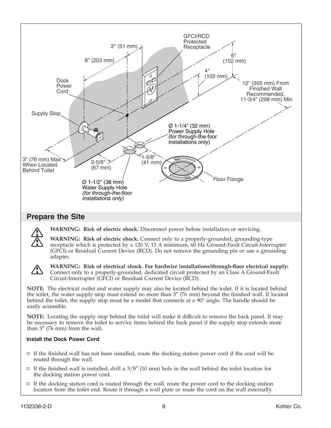 Kohler K-3900 manual Prepare the Site, Install the Dock Power Cord 