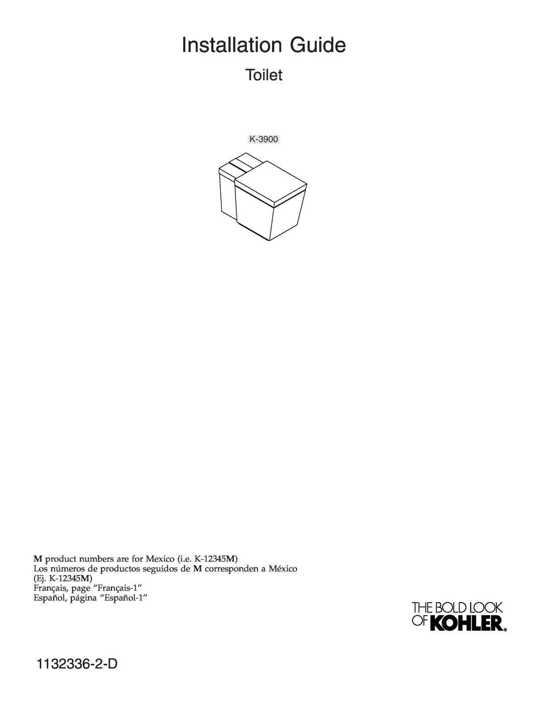 Kohler K-3900 manual Installation Guide, Toilet, 1132336-2-D 