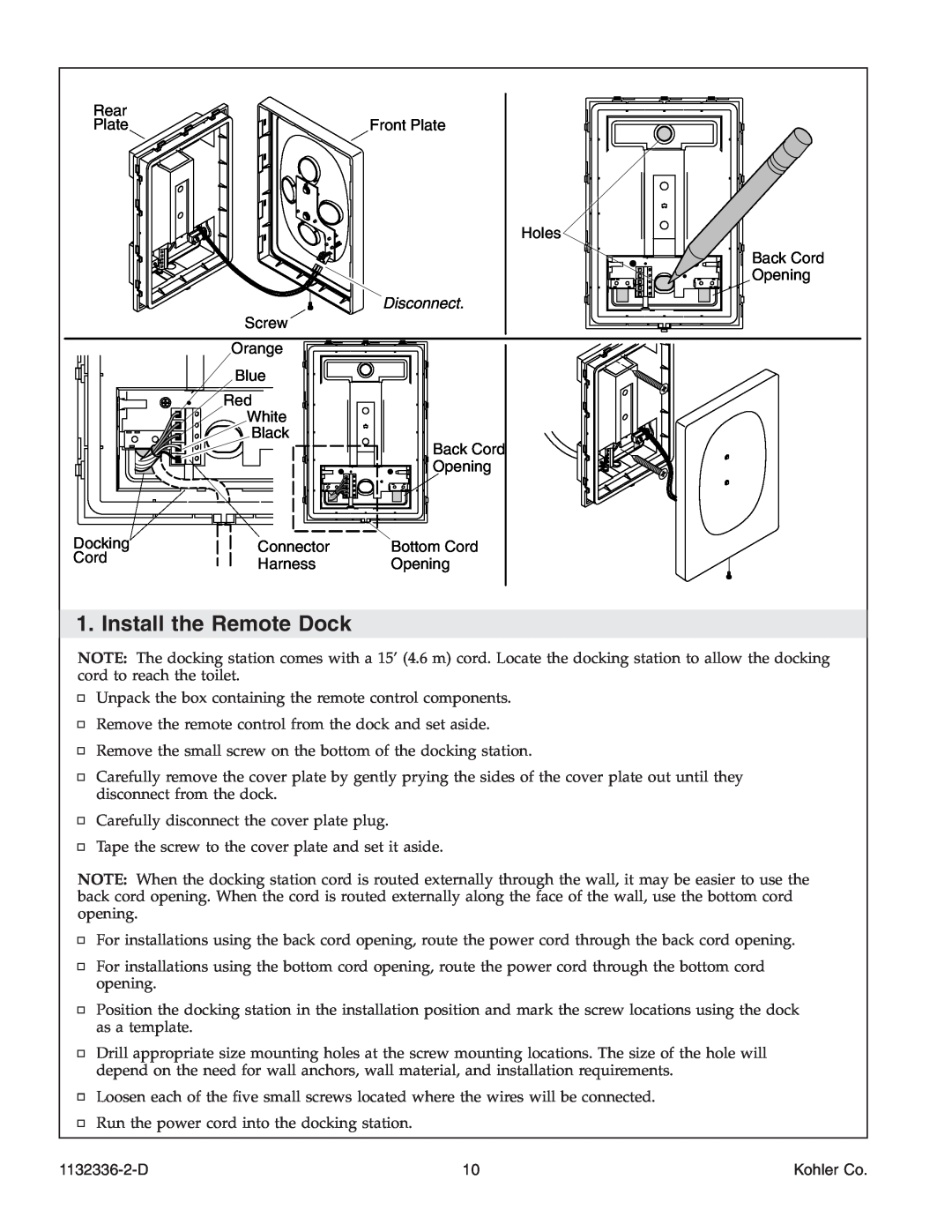 Kohler K-3900 manual Install the Remote Dock, Disconnect, 1132336-2-D, Kohler Co 