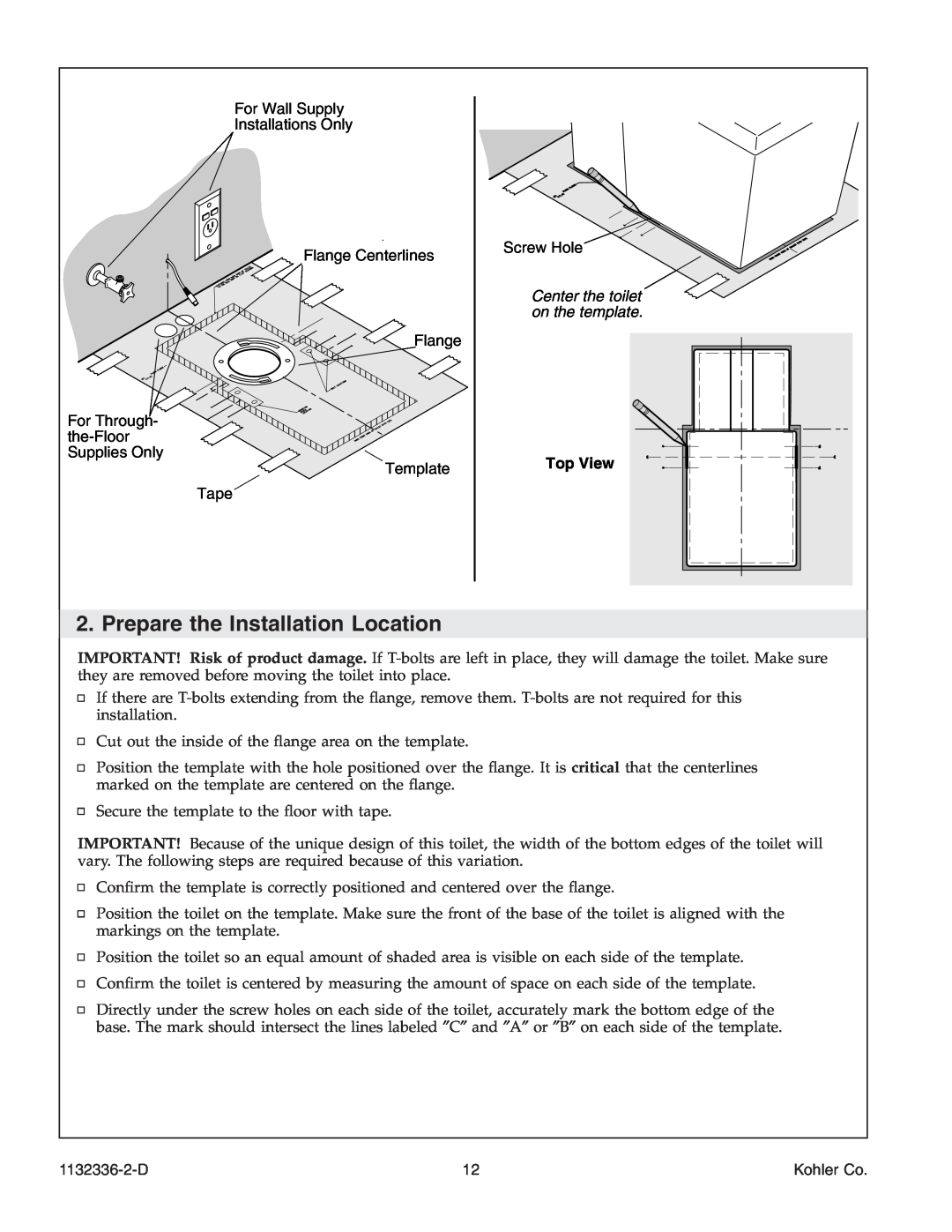 Kohler K-3900 manual Prepare the Installation Location, Center the toilet on the template, Top View, 1132336-2-D, Kohler Co 