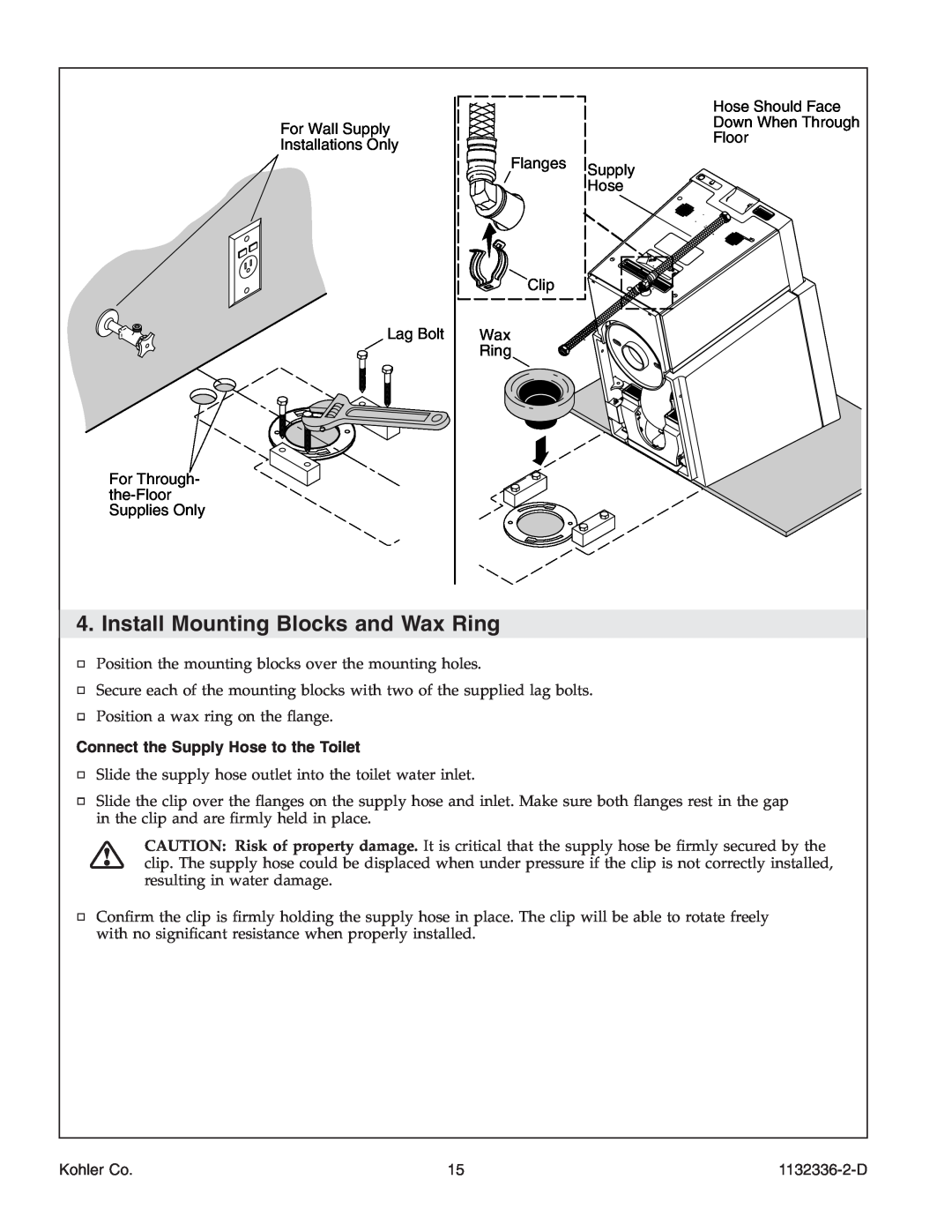 Kohler K-3900 manual Install Mounting Blocks and Wax Ring, Connect the Supply Hose to the Toilet, Kohler Co, 1132336-2-D 